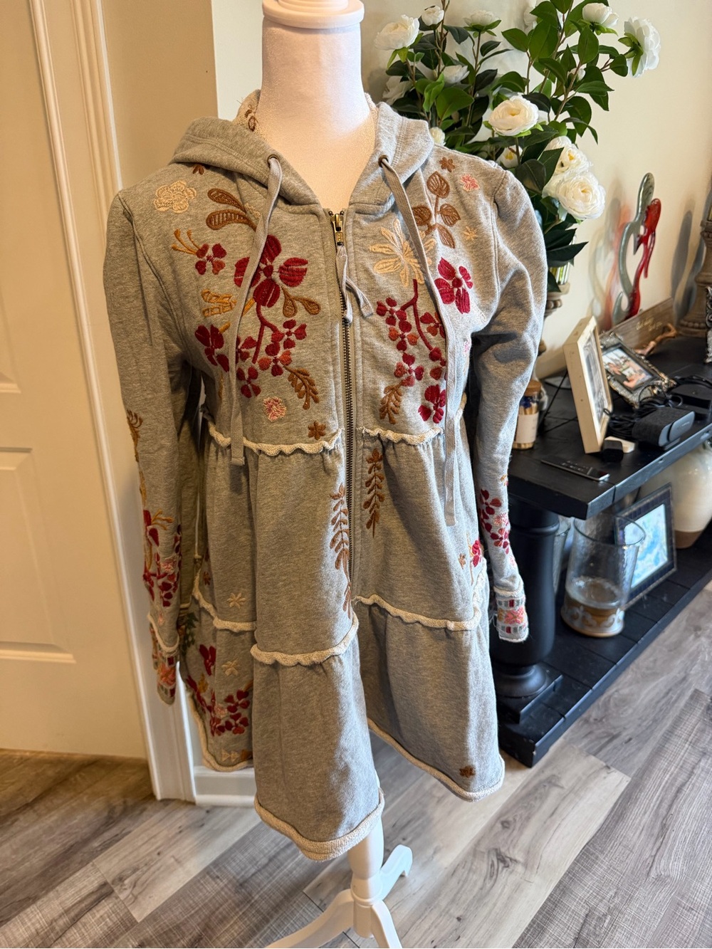 Johnny Was Gray Hooded Embroidered Tiered Jacket - Women's